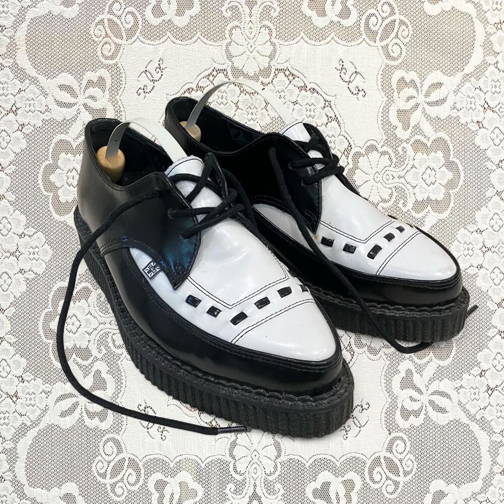 TUK two-tone pointed creepers black & white vegan leather contrast stitch